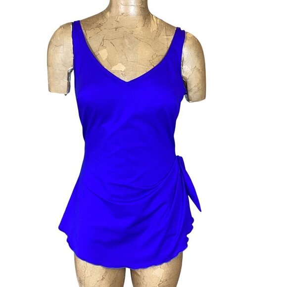 VTG Roxanne 70's Solid Bra Sarong 1-Piece Swimsuit/skirt Sz 12/36D Blue #316B - Picture 1 of 8